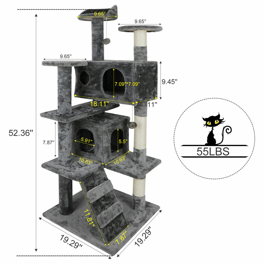 Gray Cat Tree Tower Activity Center Large Playing House Condo Rest Cat 55"