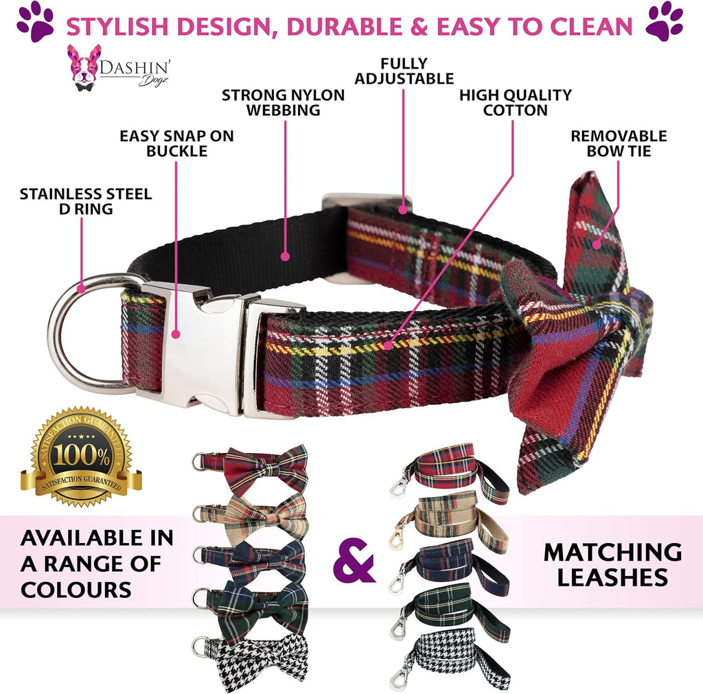 Scottish Tartan Bowtie Dog Collar & Leash Set with Detachable Bow Tie for Girl or Boy Dogs Comfortable Plaid Pattern, Fully Adjustable, Great Pet Gift (XS, Blue)
