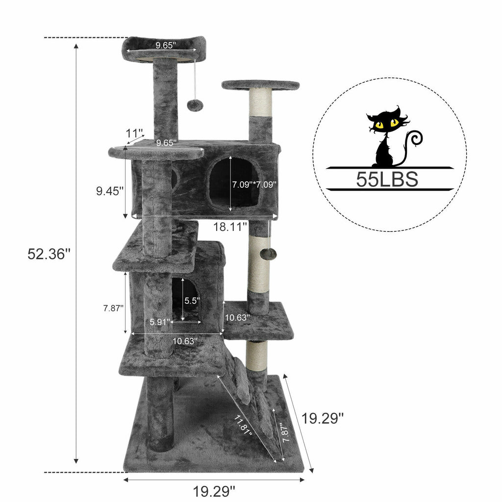 Gray Cat Tree Tower Activity Center Large Playing House Condo Rest Cat 55"