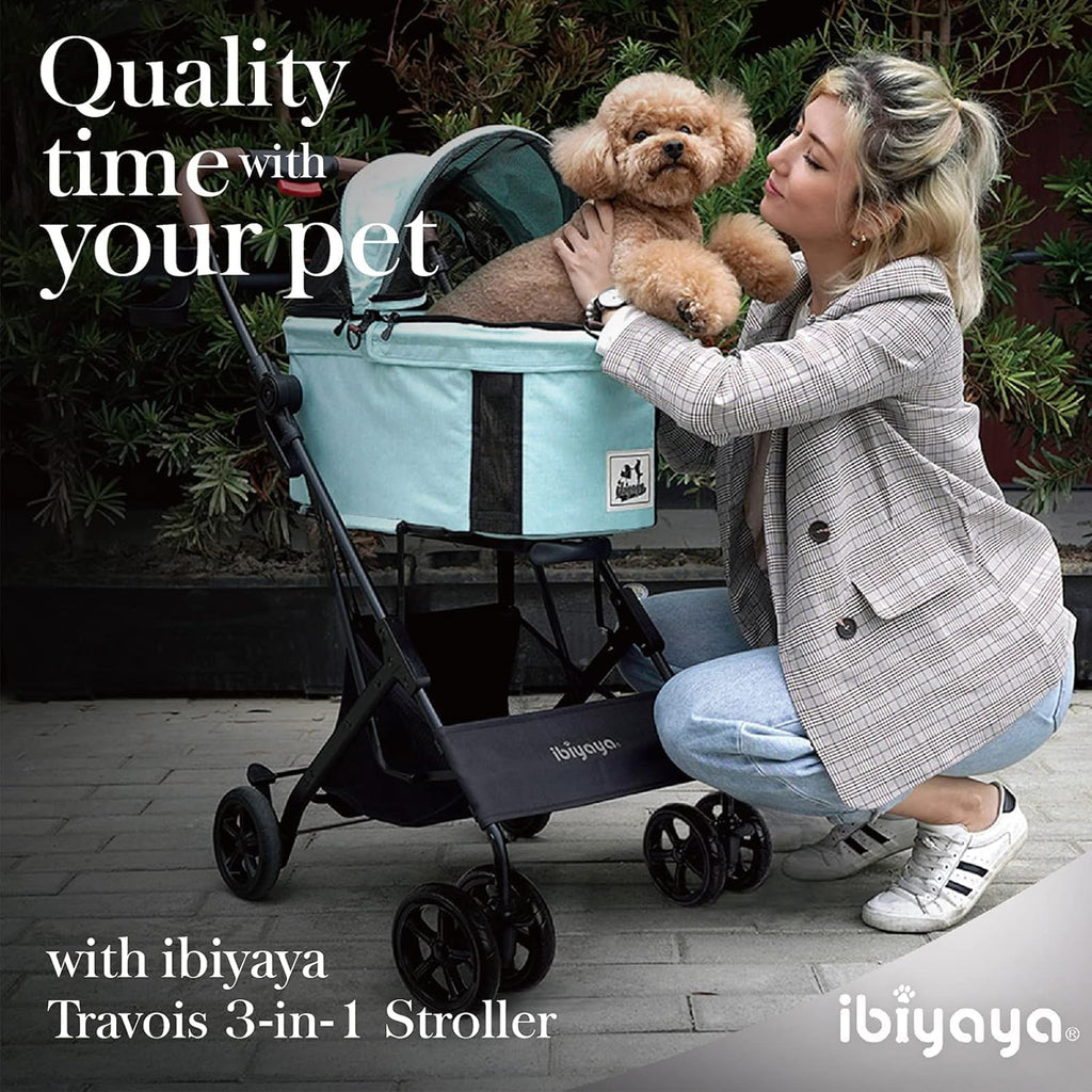 - Travois Dog Stroller for Small Dogs and Cats - 3-In-1 Pet Stroller, Pet Carrier, and Carseat - Includes Storage Compartement and Basket, Brakes, and Double Sided Mesh Window - Light Green