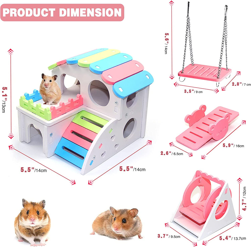 4 Pcs Hamster Toys, Dwarf Hamsters Toys Include Hamster House, Swing, Seesaw Hamster Sport Set DIY Wooden Hamster Cage Accessories for Small Hamsters Mice Gerbils (Pink)